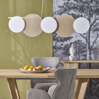 Suspension Pulse 5 lumières – blanc & pin – en métal et bois – style moderne