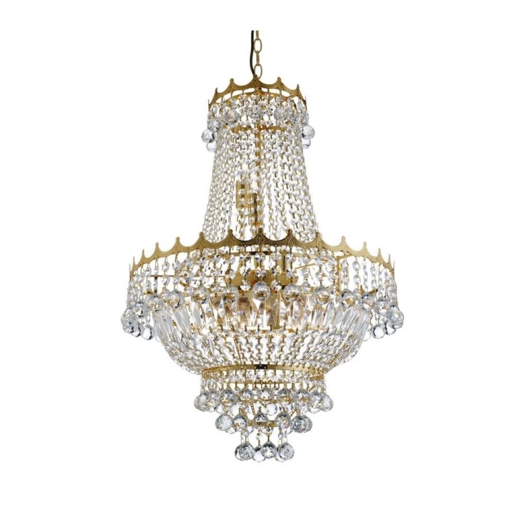 Suspension Metal doré avec Prismes, Perles, gouttes Cristal E14 max 9x60w Diam 55cm Haut 1m32 VERSAILLES  - 9LT