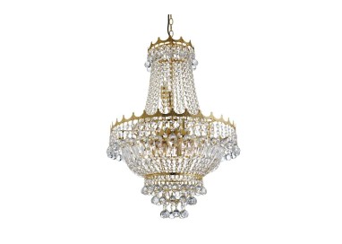 Suspension Metal doré avec Prismes, Perles, gouttes Cristal E14 max 9x60w Diam 55cm Haut 1m32 VERSAILLES  - 9LT