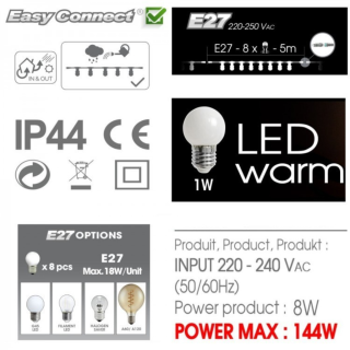 Guirlande FESTIVE "Classic" 5 m - 8 Ampoules E27/LED 1W - 230V - Ball WARM