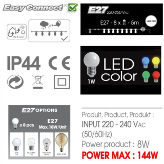 Guirlande guinguette jardin LED 8 ampoules colorées 63045 Easy Connect
